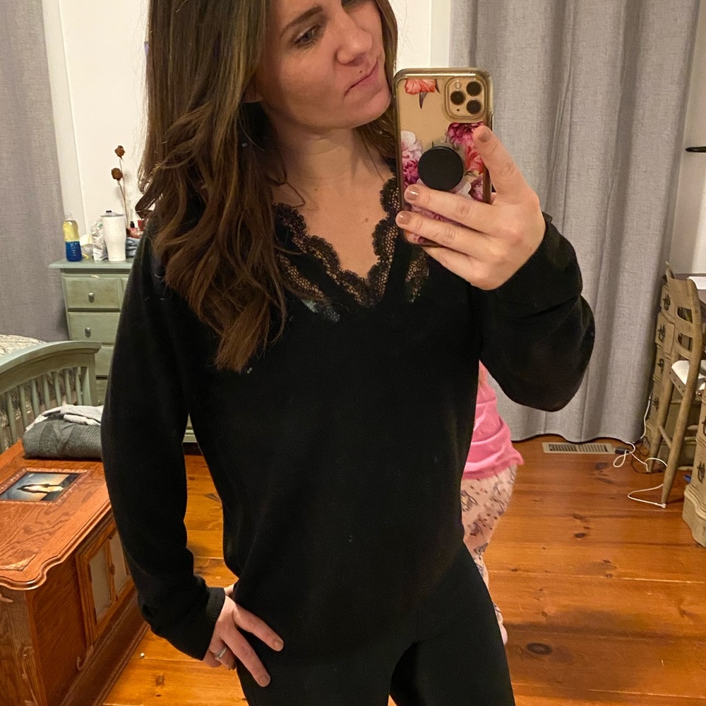 Black V-Neck Lace Sweater